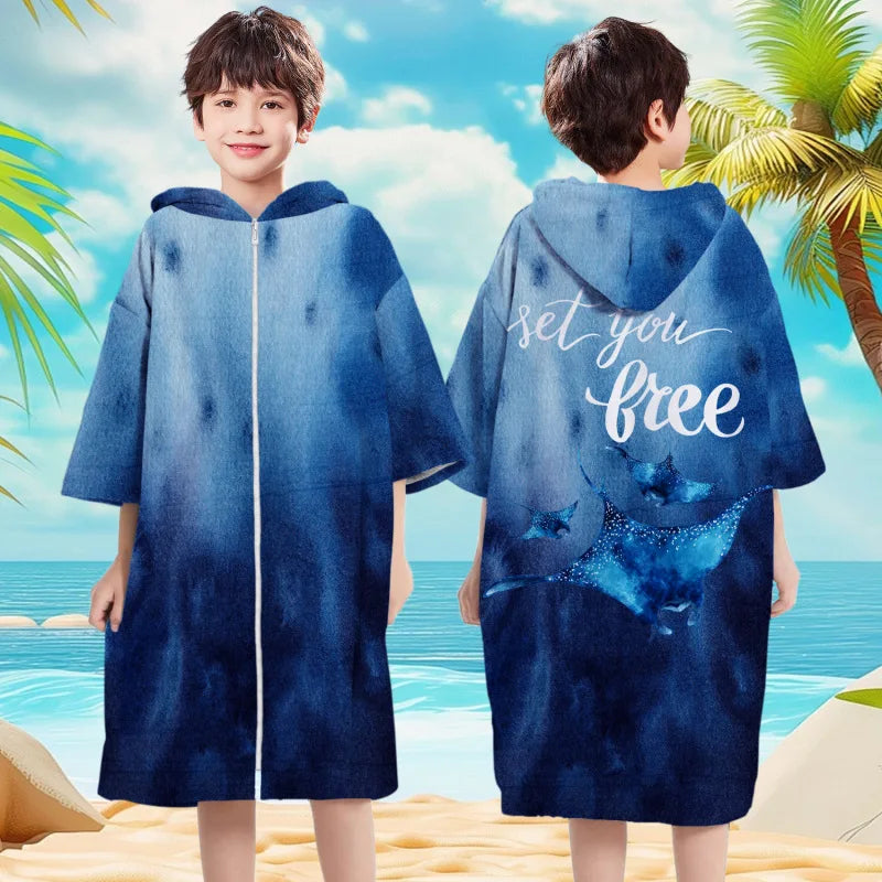 Accappatoio Poncho in microfibra per bambini con bottoni e cappucio