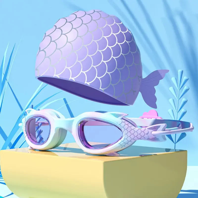 Occhialini da nuoto per bambini a forma di pesce con cuffia in silicone