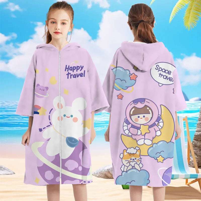 Accappatoio Poncho in microfibra per bambini con bottoni e cappucio