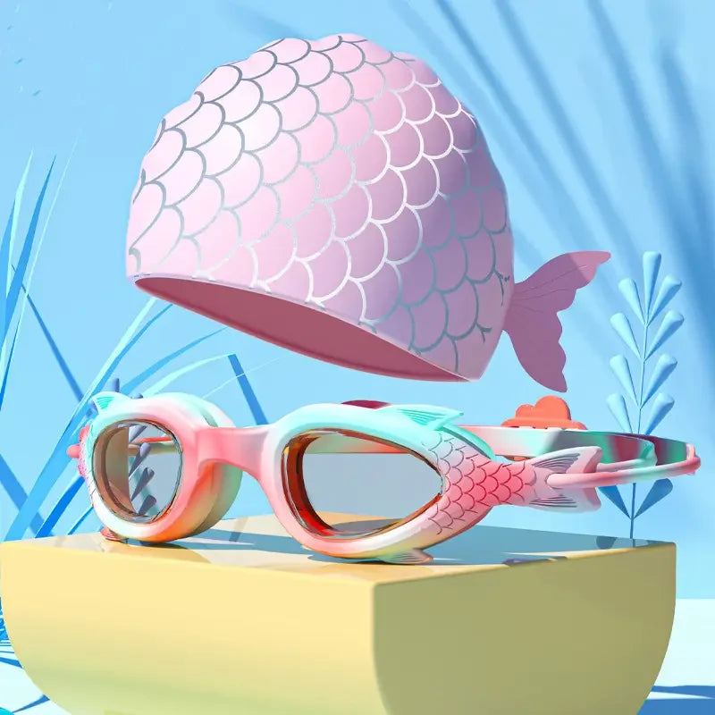 Occhialini da nuoto per bambini a forma di pesce con cuffia in silicone
