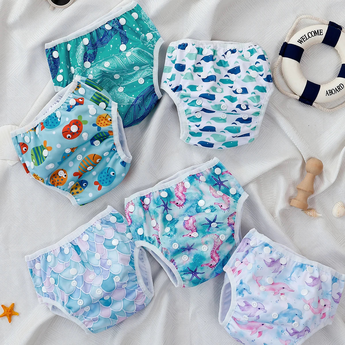 Set 3 pezzi pannolini regolabili da nuoto lavabili in rete per piscina, spiaggia, per bambini e bambine da 0 a 3 anni