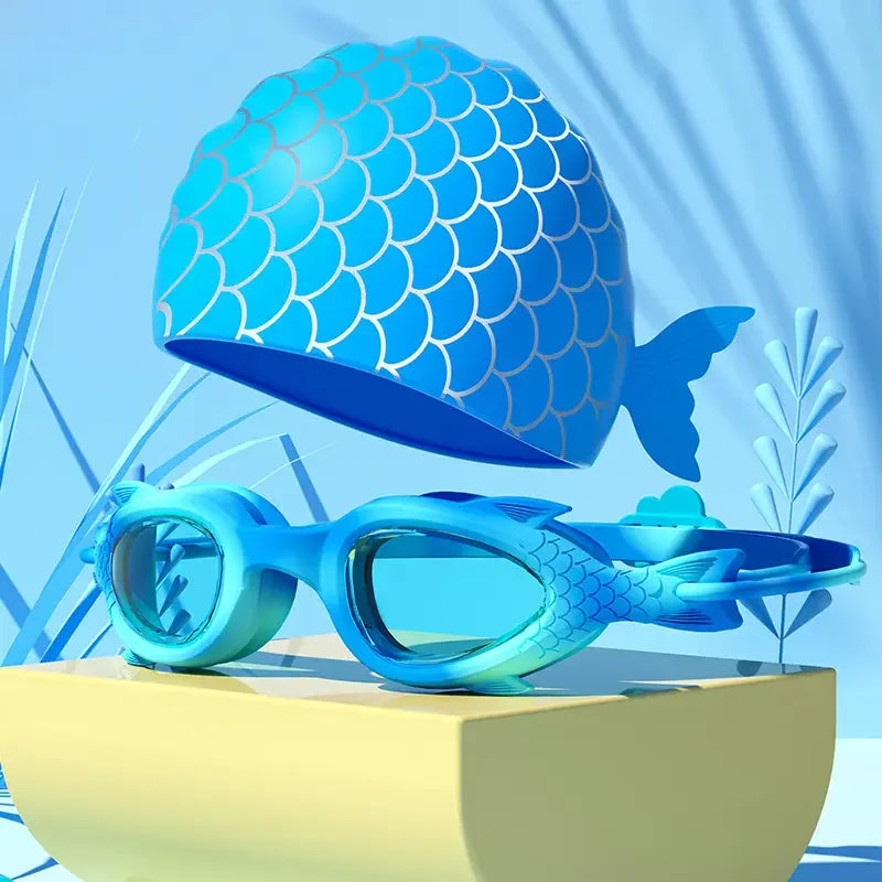 Occhialini da nuoto per bambini a forma di pesce con cuffia in silicone