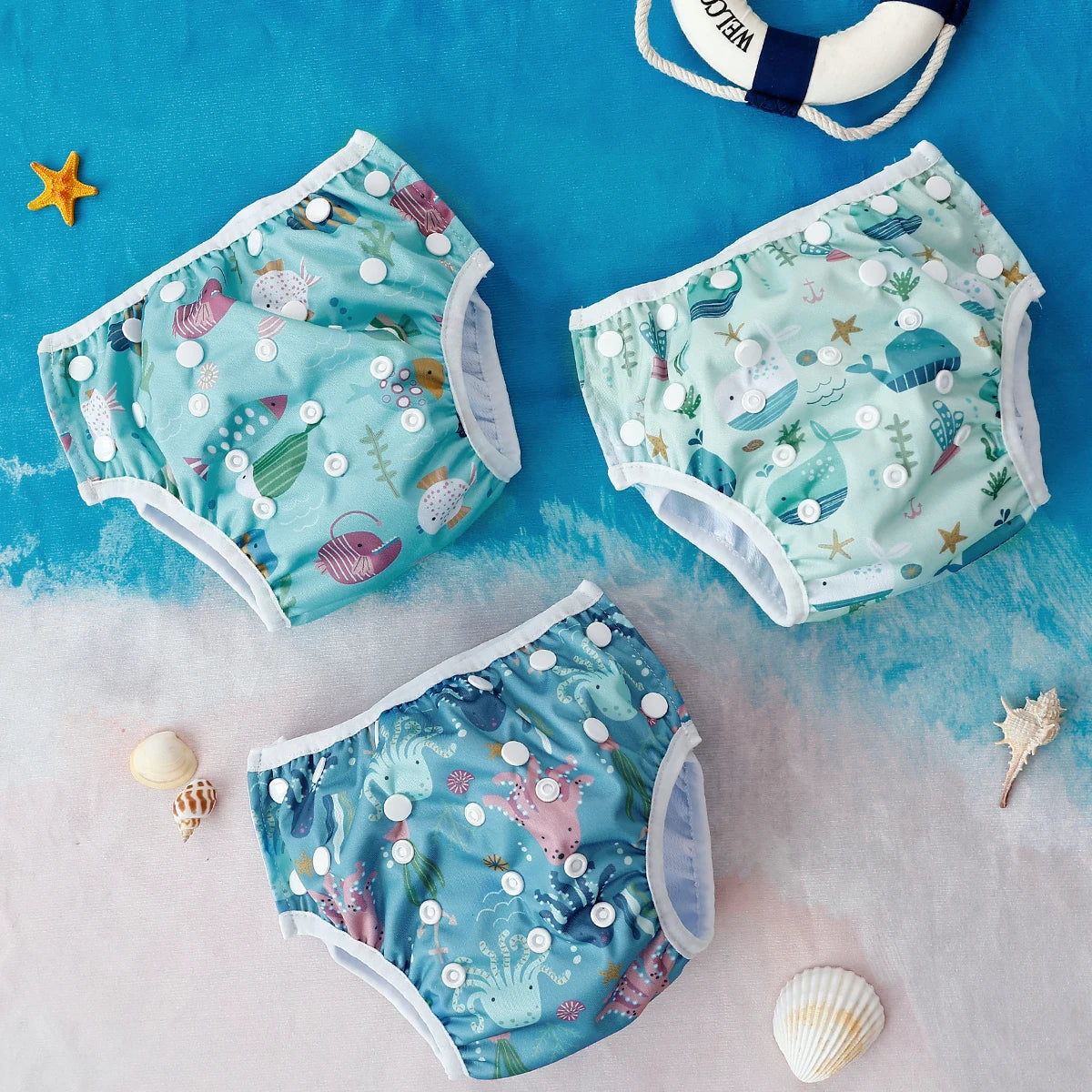 Set 3 pezzi pannolini regolabili da nuoto lavabili in rete per piscina, spiaggia, per bambini e bambine da 0 a 3 anni