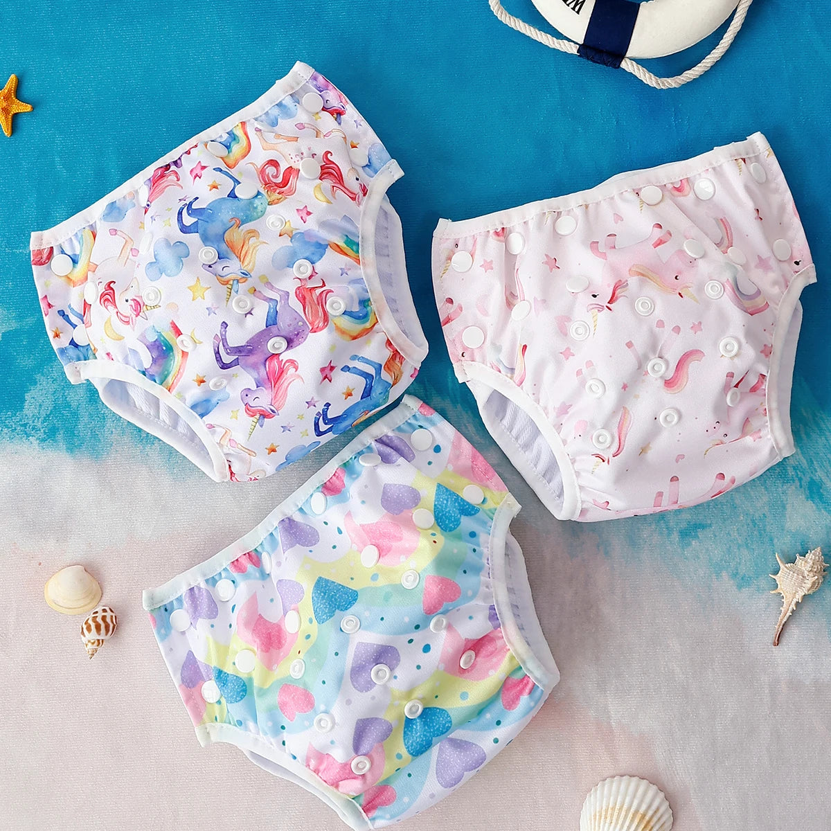 Set 3 pezzi pannolini da nuoto lavabili in rete per piscina, spiaggia, per bambini e bambine da 3 a 15 kg