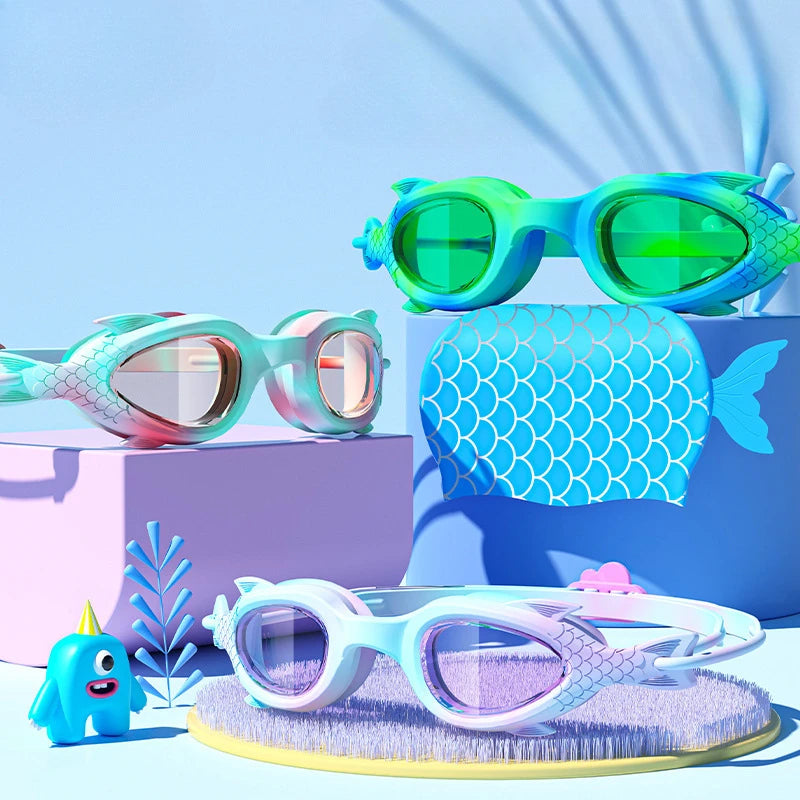 Occhialini da nuoto per bambini a forma di pesce con cuffia in silicone