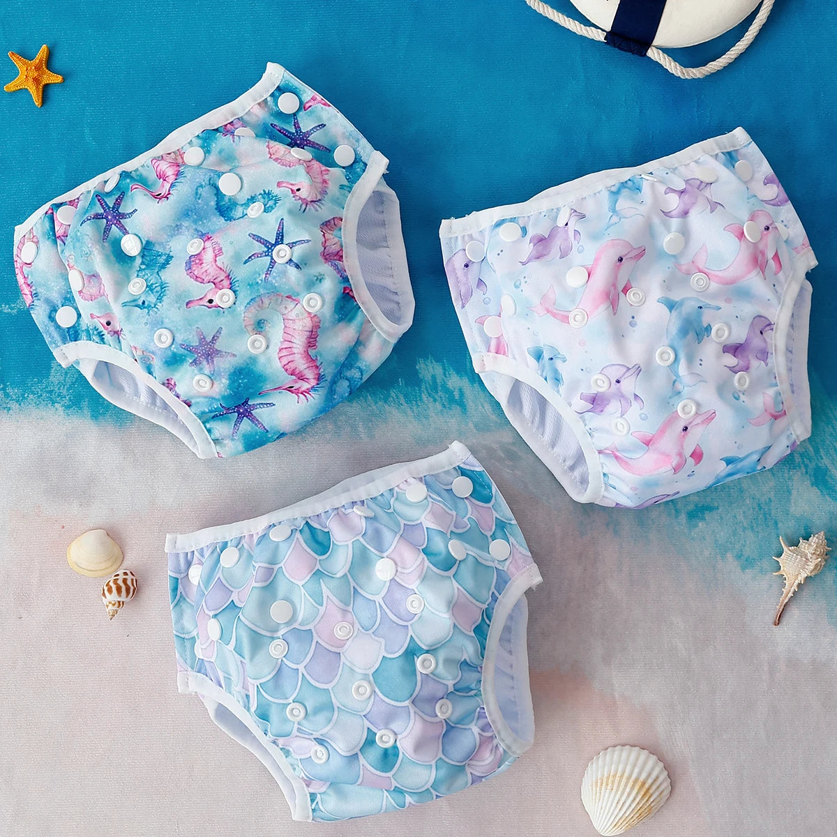Set 3 pezzi pannolini regolabili da nuoto lavabili in rete per piscina, spiaggia, per bambini e bambine da 0 a 3 anni
