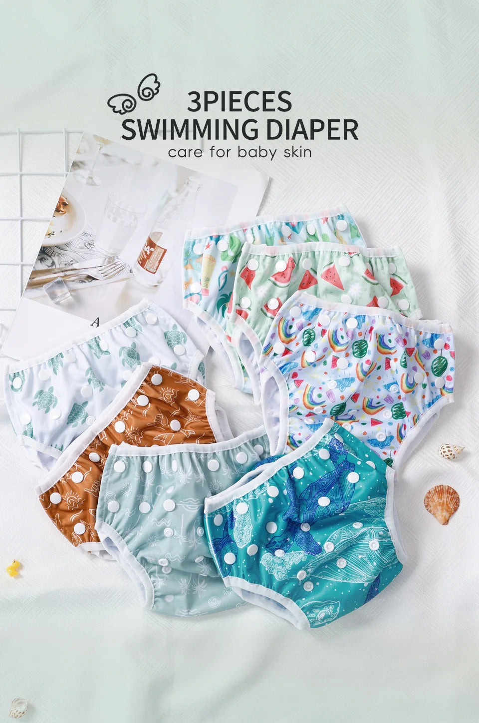 Set 3 pezzi pannolini regolabili da nuoto lavabili in rete per piscina, spiaggia, per bambini e bambine da 0 a 3 anni