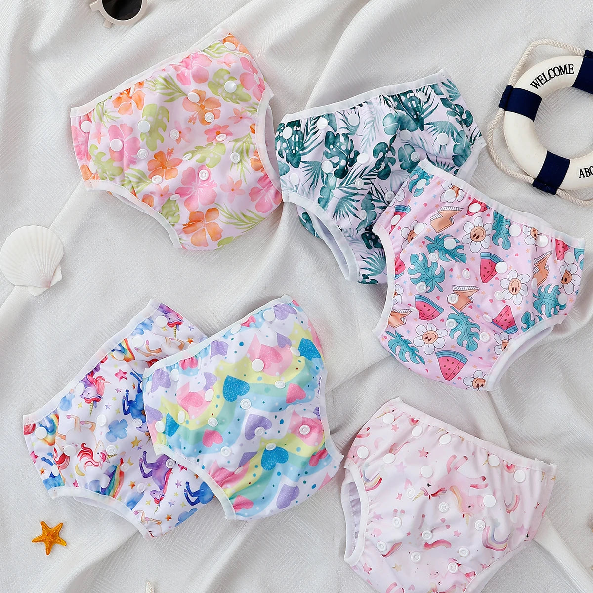 Set 3 pezzi pannolini regolabili da nuoto lavabili in rete per piscina, spiaggia, per bambini e bambine da 0 a 3 anni