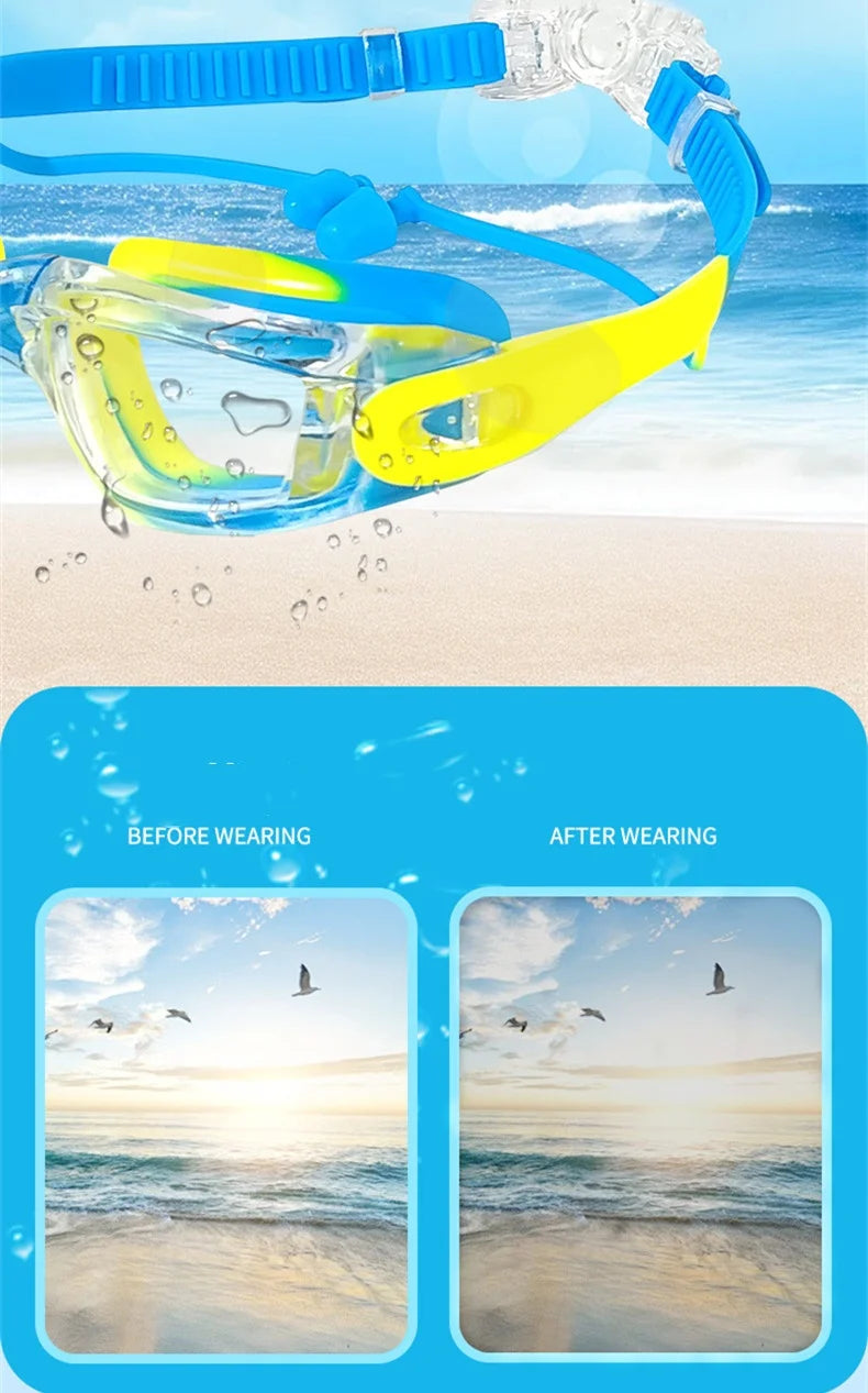 Occhialini da nuoto per bambini, anti appannamento, anti-UV, con tappi per le orecchie