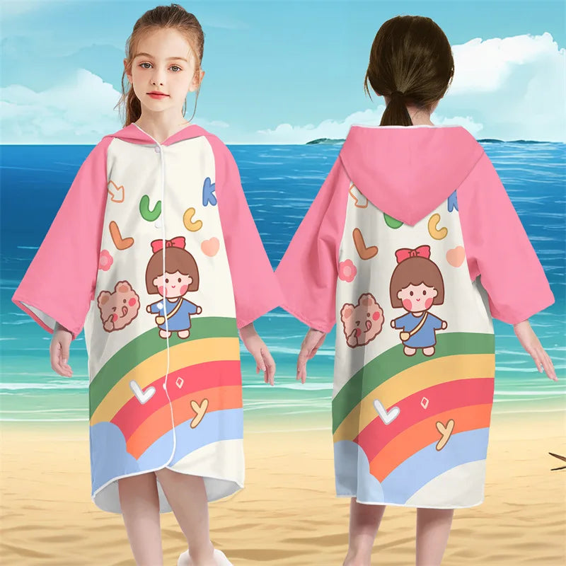 Accappatoio Poncho in microfibra per bambini con bottoni e cappucio