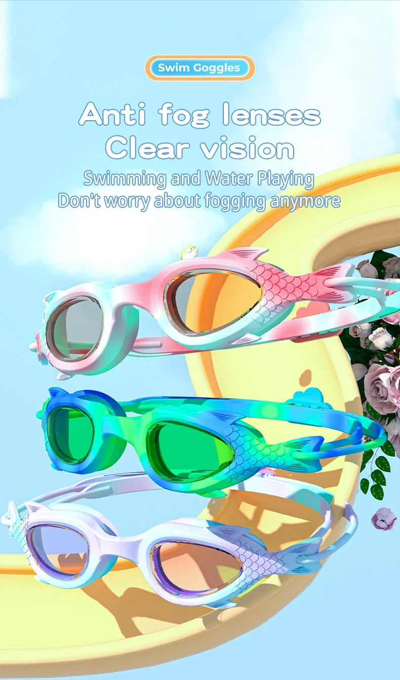 Occhialini da nuoto per bambini a forma di pesce con cuffia in silicone