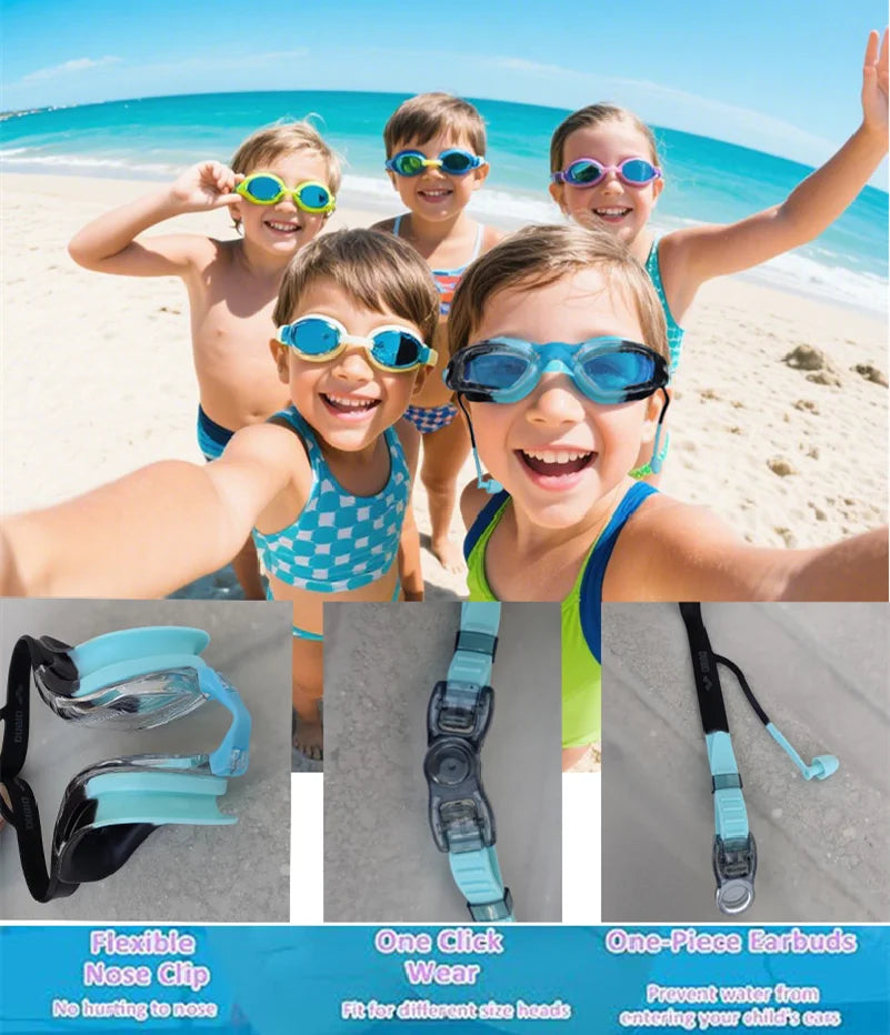 Occhialini da nuoto per bambini, anti appannamento, anti-UV, con tappi per le orecchie