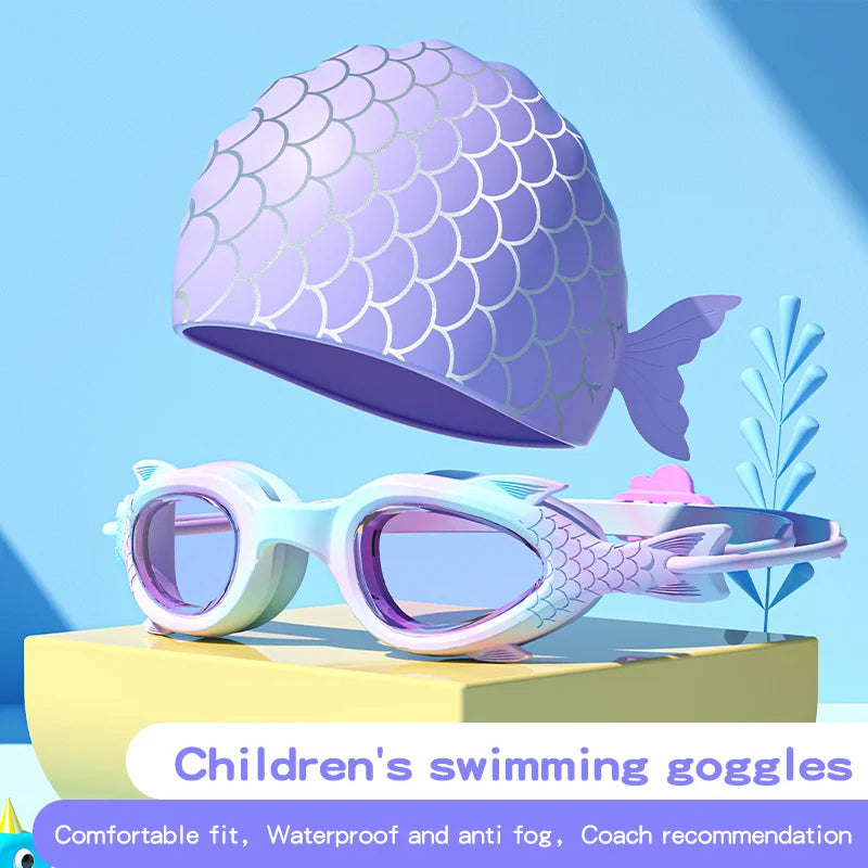 Occhialini da nuoto per bambini a forma di pesce con cuffia in silicone