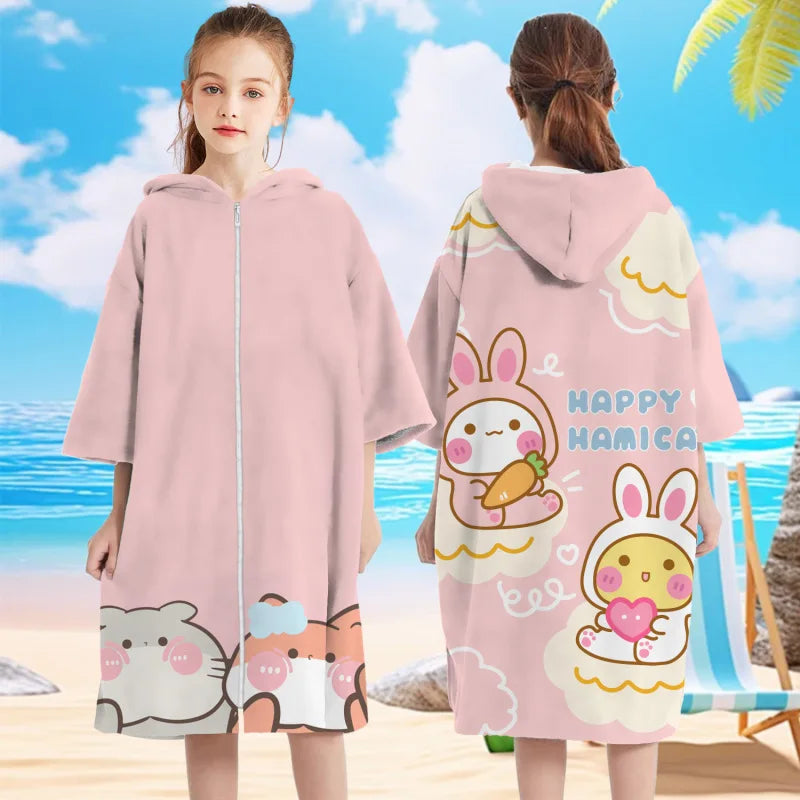 Accappatoio Poncho in microfibra per bambini con bottoni e cappucio