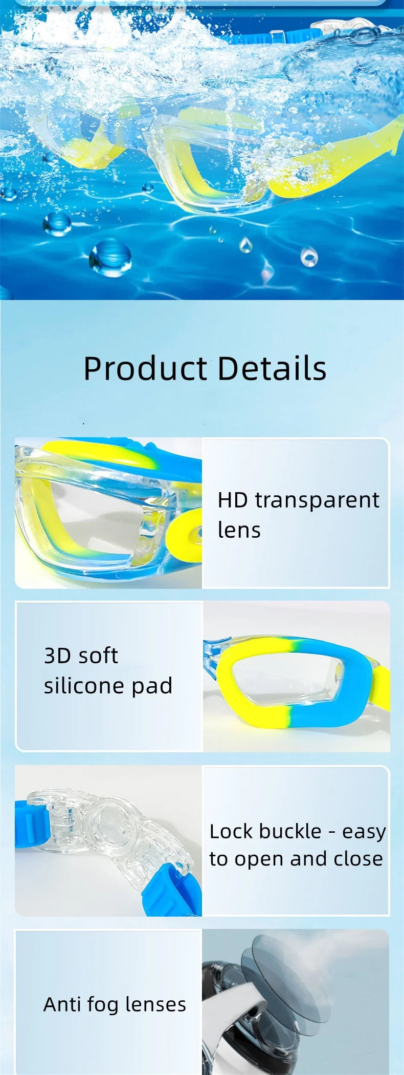 Occhialini da nuoto per bambini, anti appannamento, anti-UV, con tappi per le orecchie